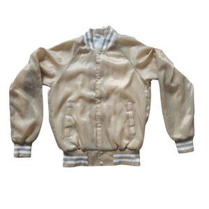 Vintage Whang Varsity Jacket Mens Medium Satin Beige Snap Button Long Sleeve